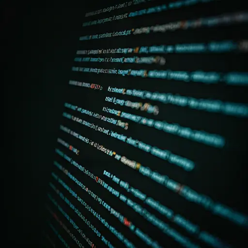 abstract code snippets in a dark terminal window with syntax highlighting